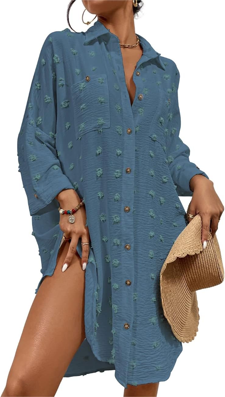 Bsubseach Women Swimsuit Coverup Blouse Button Down Shirt Dresses Swiss Dot Tops...