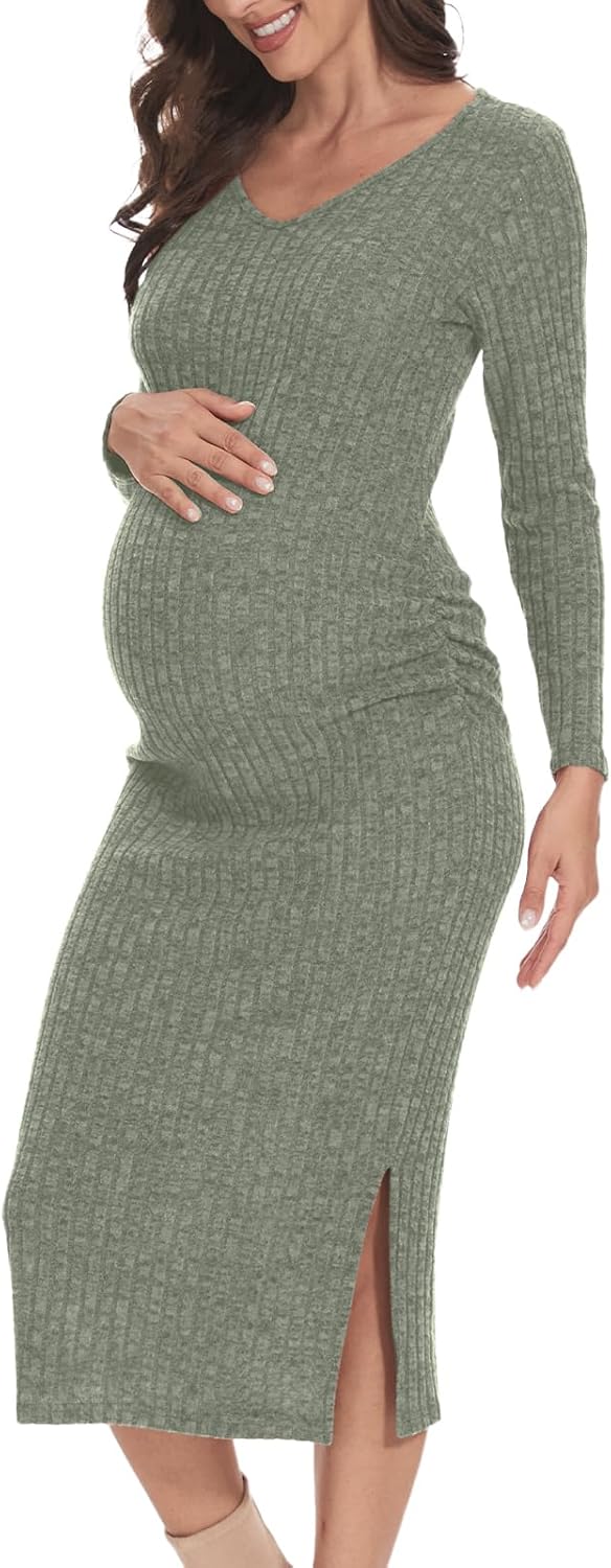 V Neck Side Ruch Knit Ribbed Maternity Bodycon Dress，Maternity Dress for Baby S...