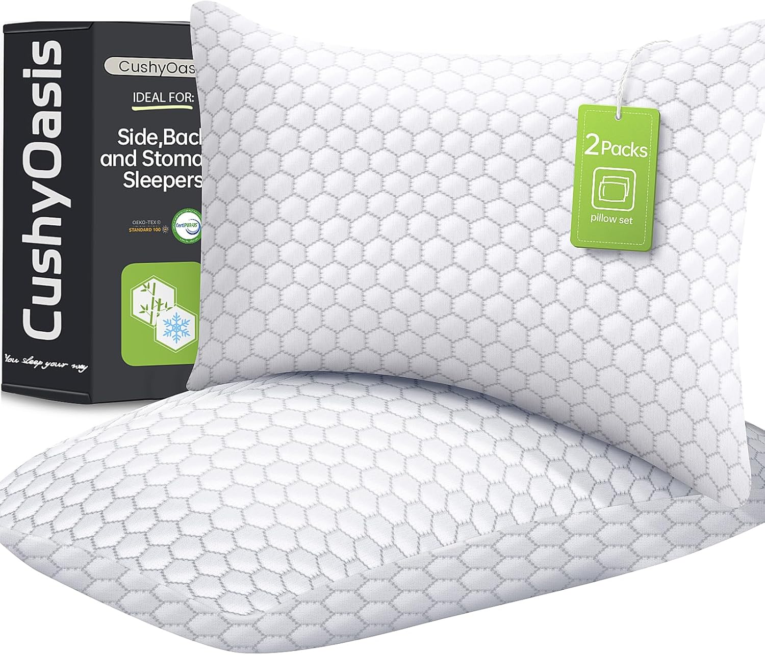 Shredded Memory Foam Pillow for Sleeping, Cooling Bed Pillows Set of 2, Adjustab...