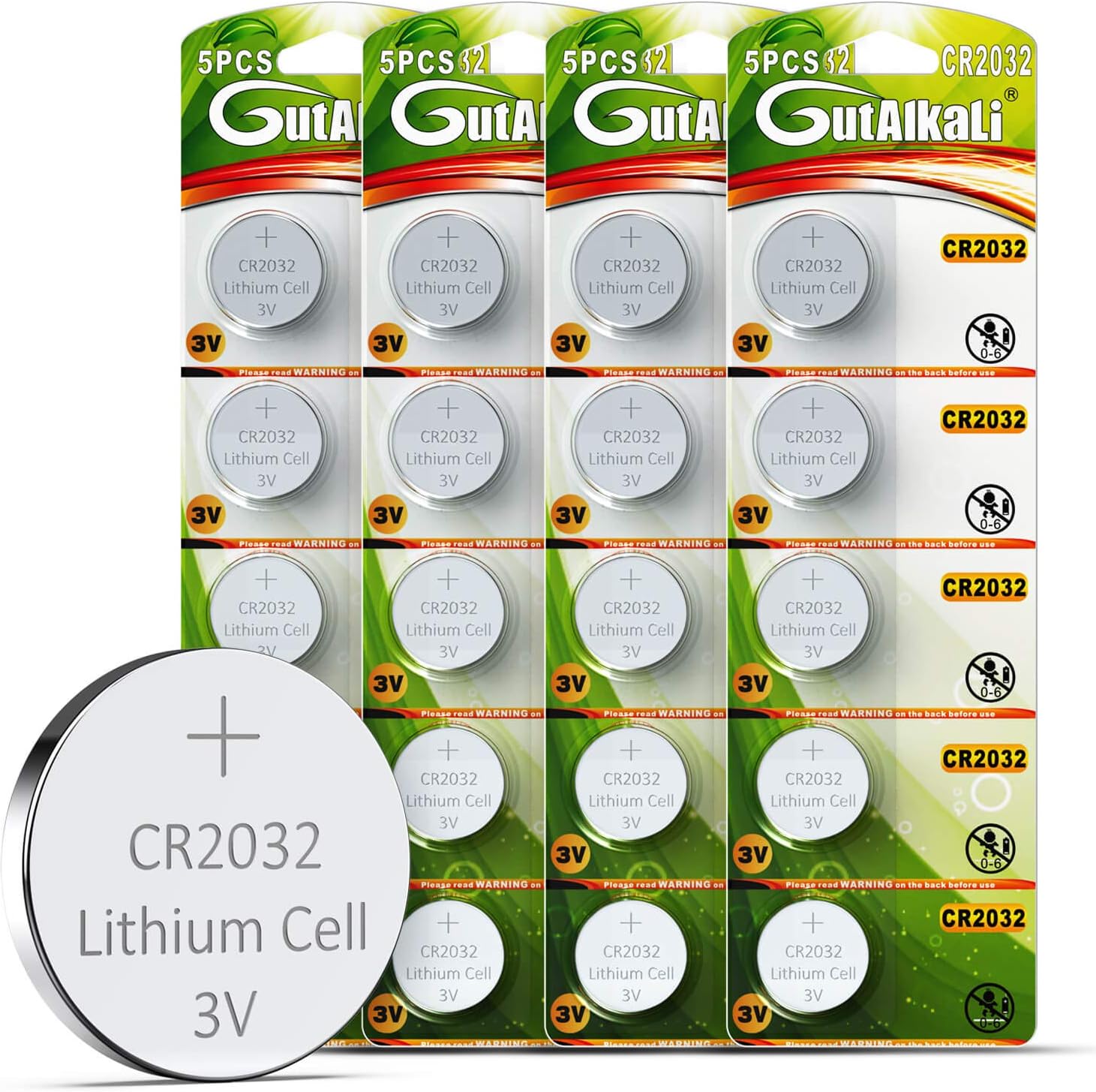 GutAlkaLi 20 PCS CR2032 Lithium Coin Batteries - High Capacity with 3V Output, I...