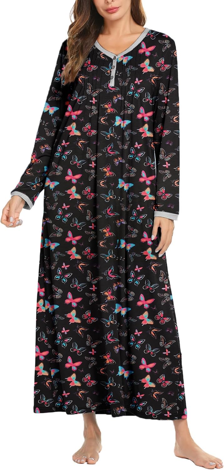 Ekouaer Women's Long Sleeve Nightgown Full Length Sleepwear Long Sleepshirts Hen...