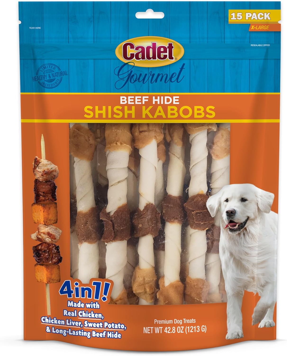 Cadet Gourmet X-Large Triple-Flavored Beef Hide Shish Kabob Dog Treats - Healthy...