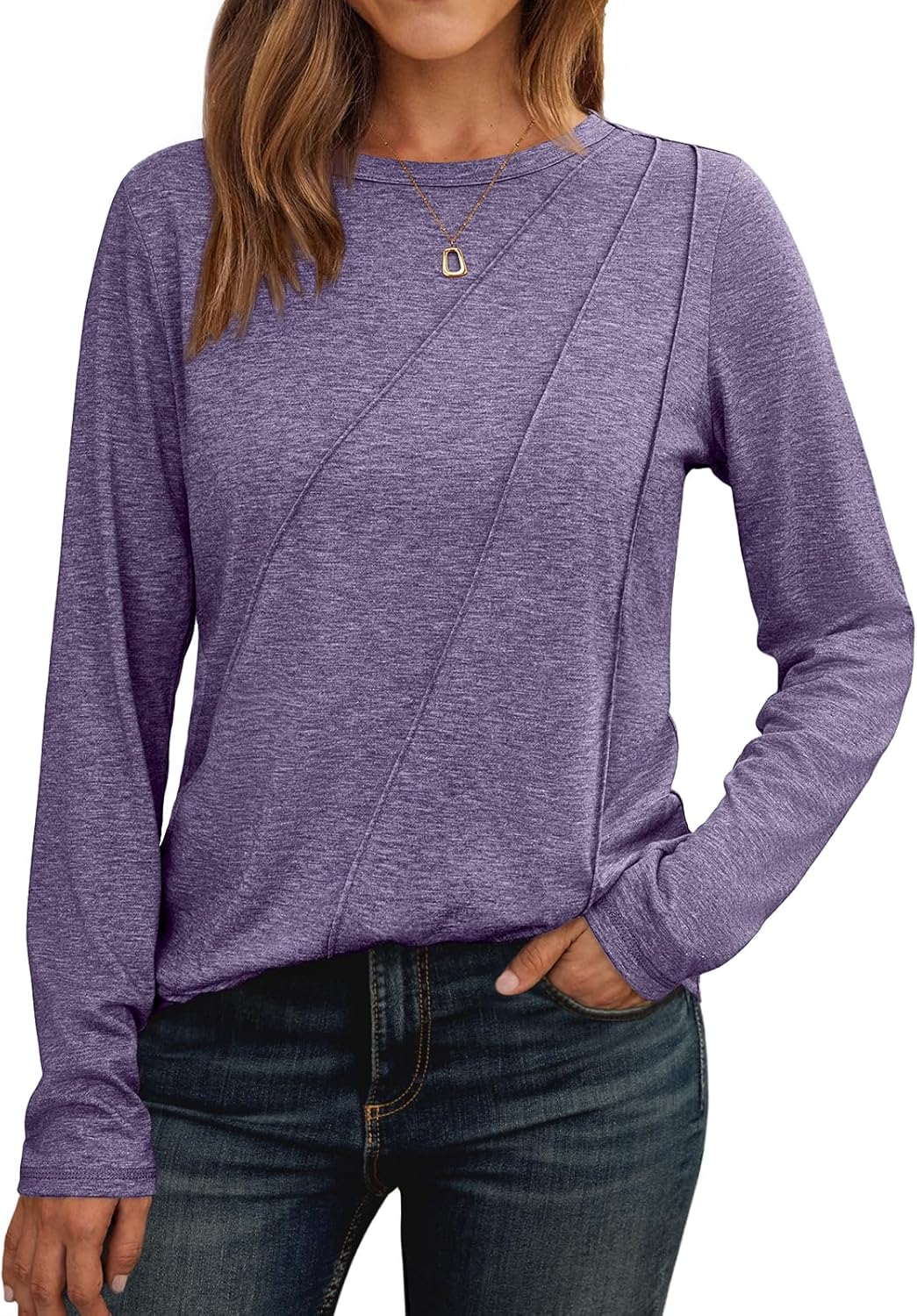 AUTOMET Womens Long Sleeve Shirts Pleated Crew Neck Casual Fall Fashion Tops Loo...