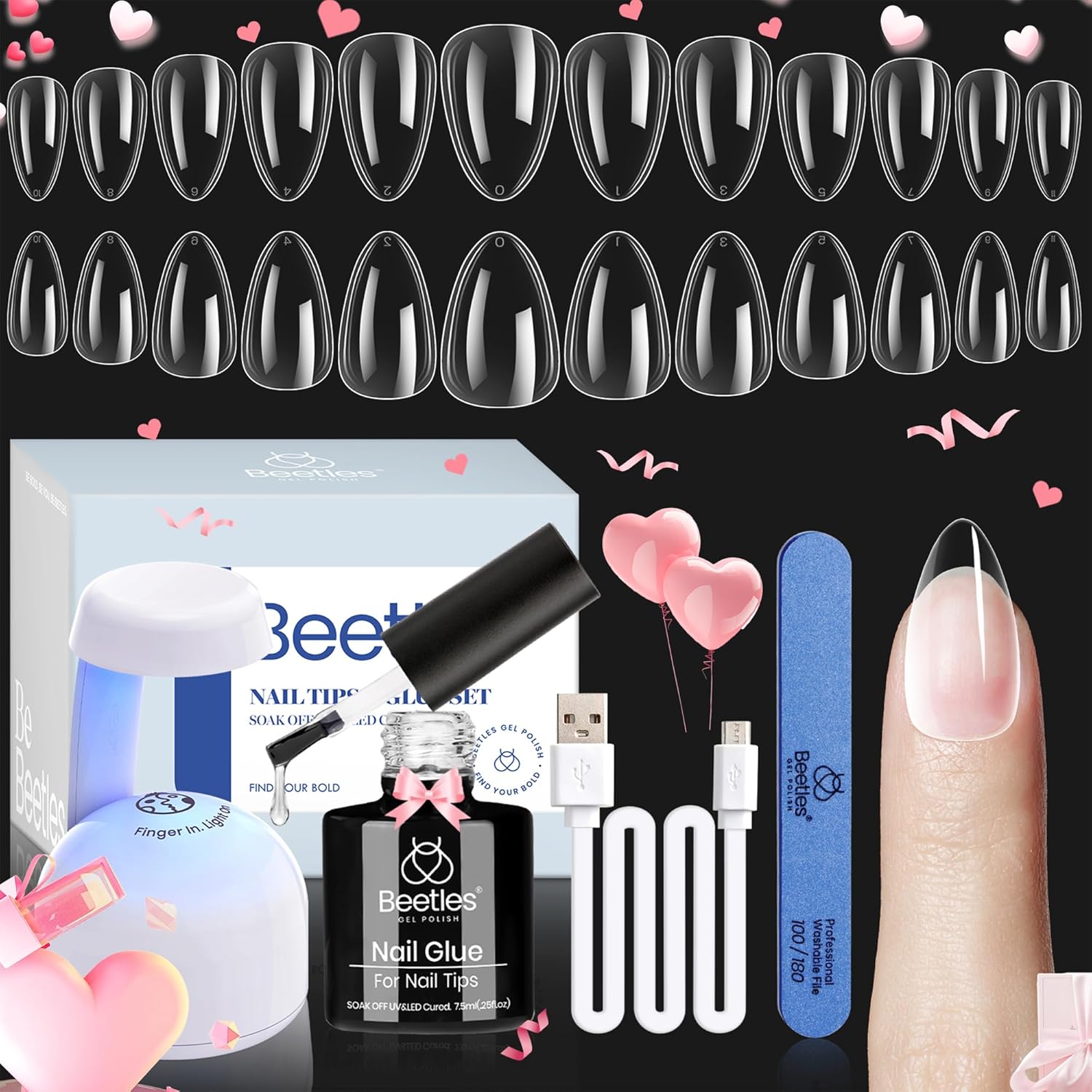 Beetles Gel X Nail Kit Short Almond Nail Tips Easy Extension Set 240 Pcs Pre Sha...