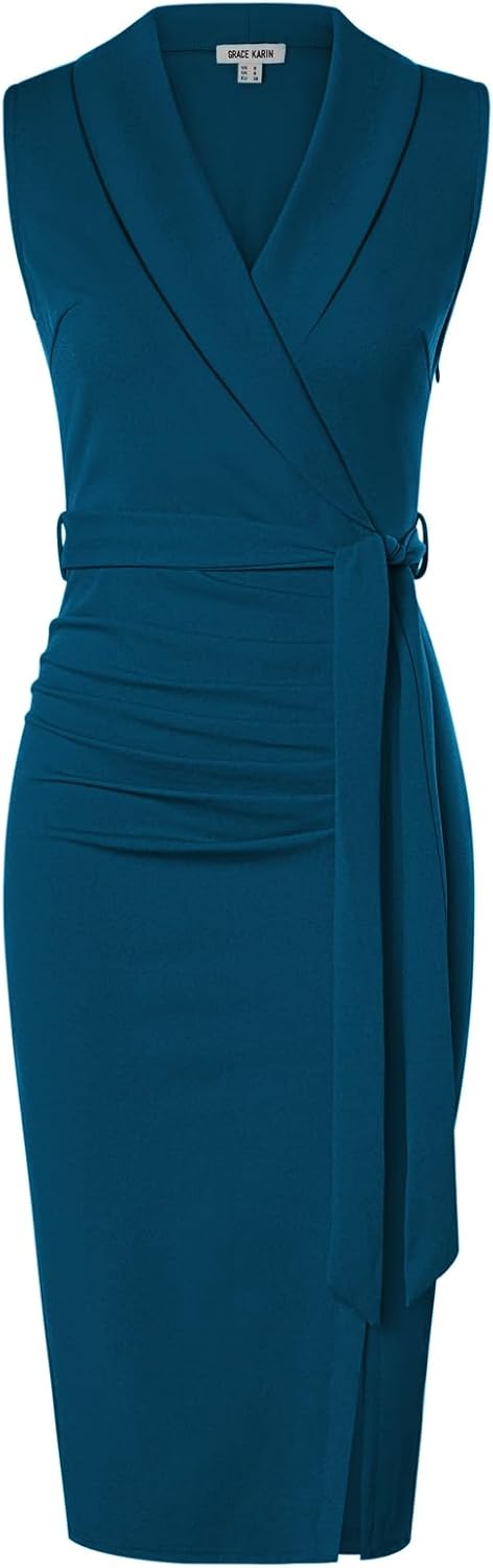 GRACE KARIN Women's Bodycon Dress Sleeveless Shawl V-Neck Wrap Midi Business Wor...