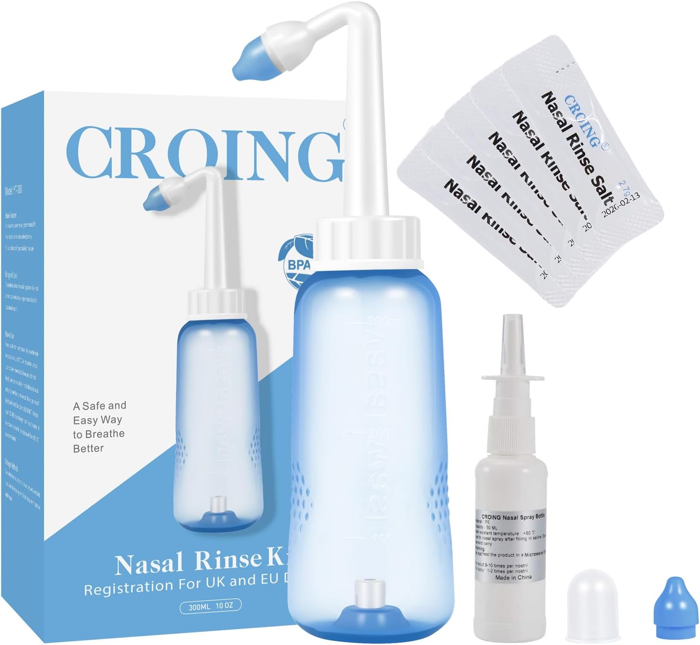 CROING - 𝗡𝗲𝘁𝗶 𝗣𝗼𝘁 - 40 x Sinus Rinse Mix + 1x Nasal Wash Bottle (300ml)+1 x Spra...