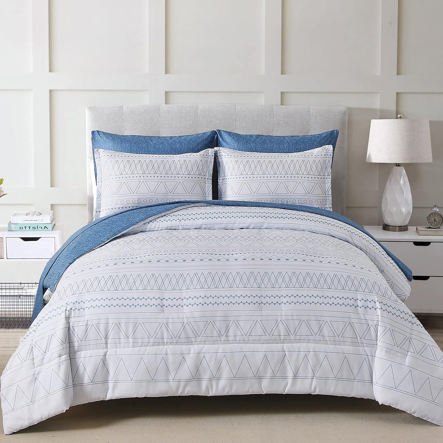 WONGS BEDDING Blue Boho Bed in a Bag Queen,7 Pieces Navy Comforter Set Queen Geo...
