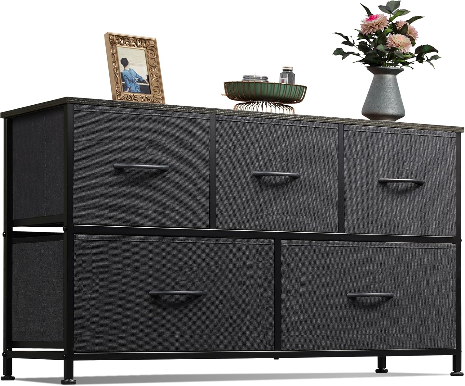 WLIVE Chest of Drawers, 5 Fabric Drawers Cabinet with Easy Pull Handle, Wood Top...