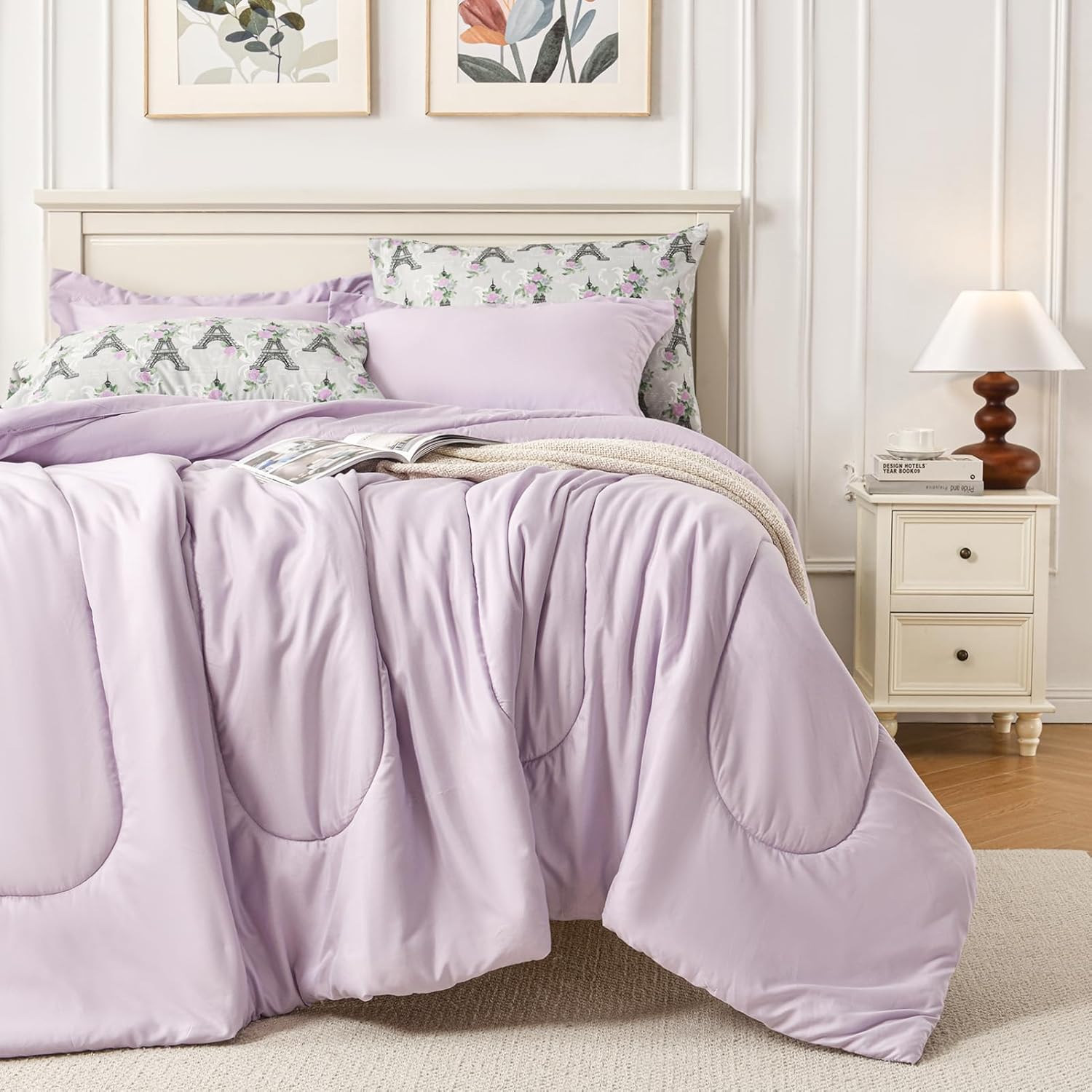 HollyHOME Queen Comforter Set, 7 Pieces Bedding Set, Purple Comforter Set with E...