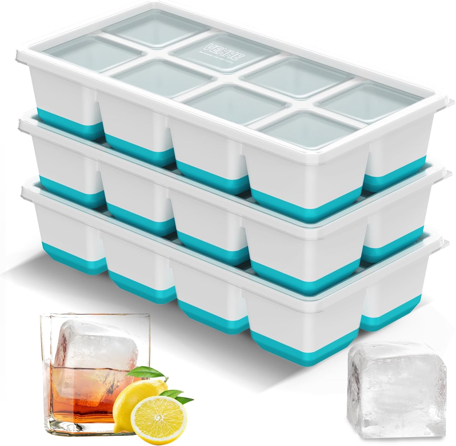 VEHHE Ice Cube Tray with Lid, Large Ice Cube Moulds for 24 Ice Cubes, Flexible S...