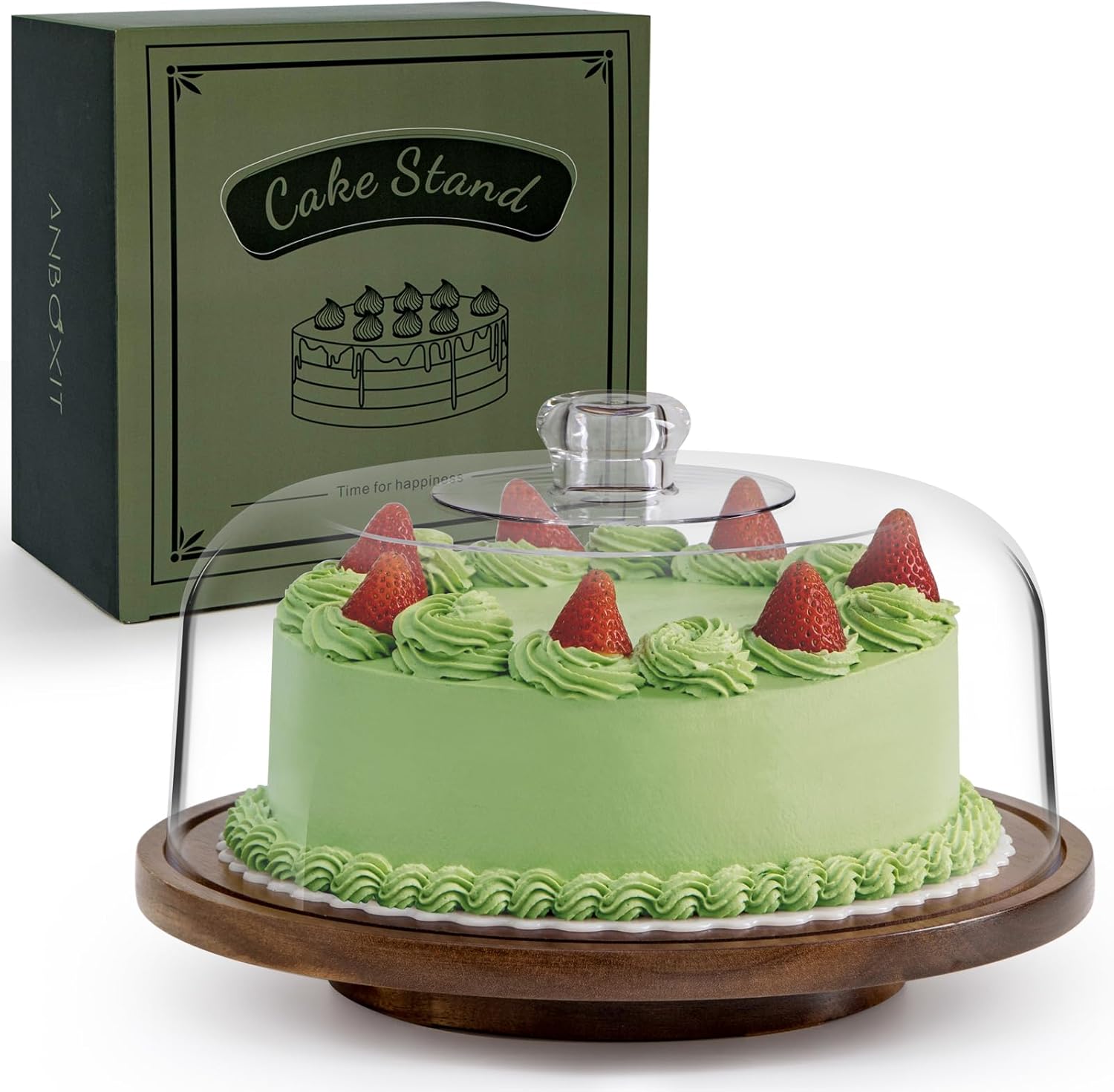 ANBOXIT Cake Stand with Dome Lid, Acacia Wood Rotating Cake Plate with Cover, Wo...