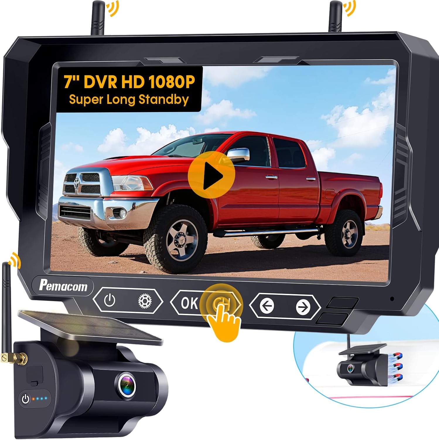 Magnetic Solar Wireless Backup Camera: 7" DVR Portable 1 Min Easy Install Scratc...