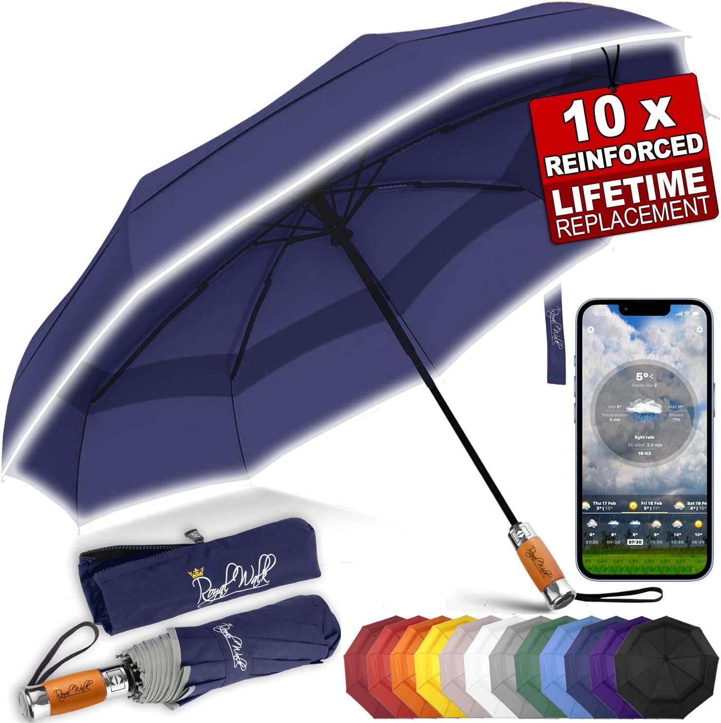 Royal Walk Windproof Folding Travel Umbrella Compact and Strong Luxurious Real W...