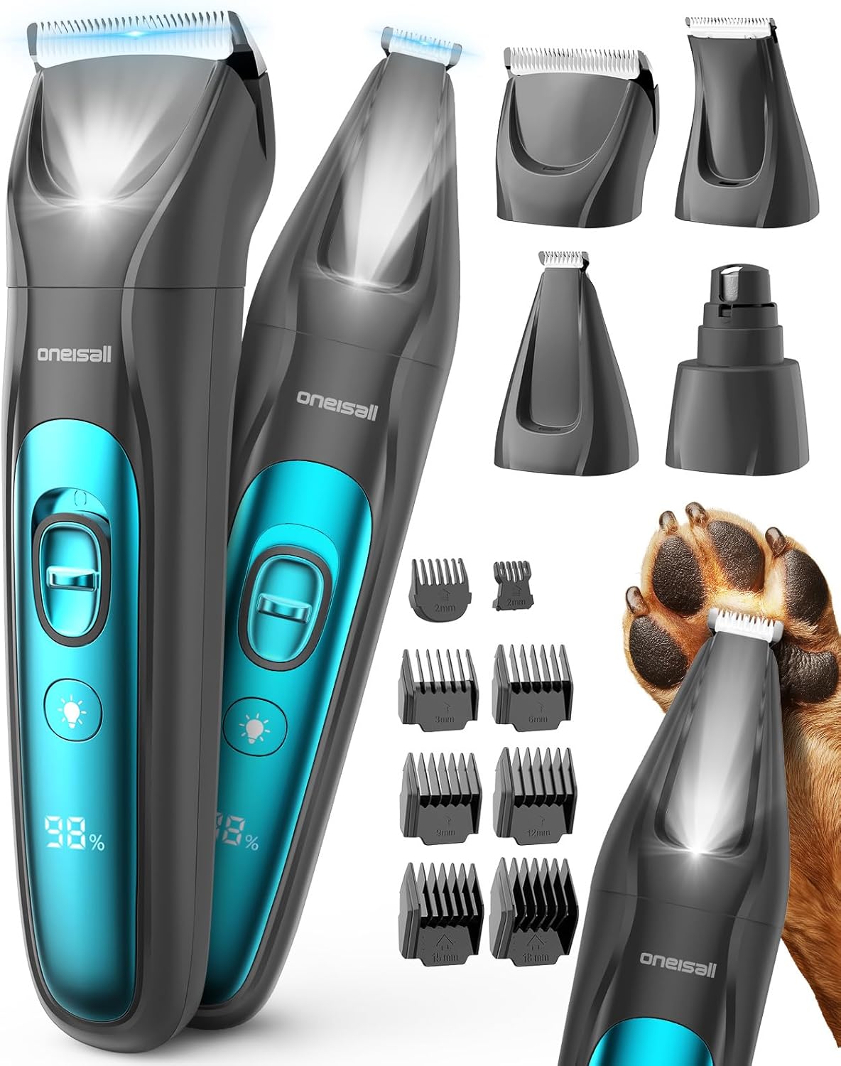 oneisall Silent Dog Clippers for Grooming, LED Light Dog Paw Trimmer Dog Nail Gr...