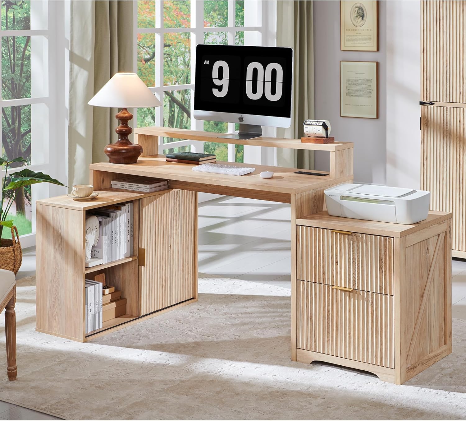 JXQTLINGMU 67" Modern L Shaped Desk with Storage Cabinet & Drawers, Wood Home Of...