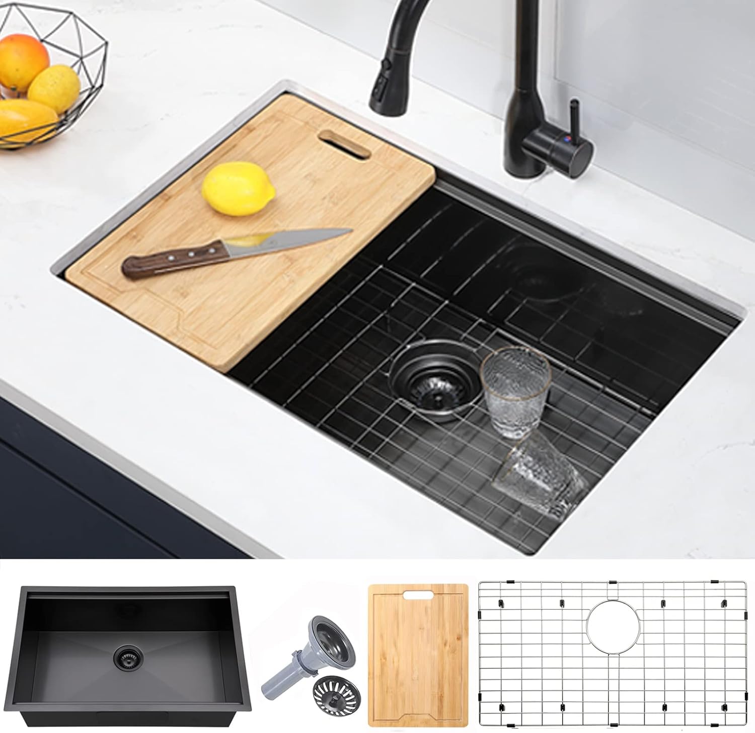 SHACO 33 Inch Black Stainless Steel Undermount Kitchen Sink, 33x19 Gunmetal Blac...