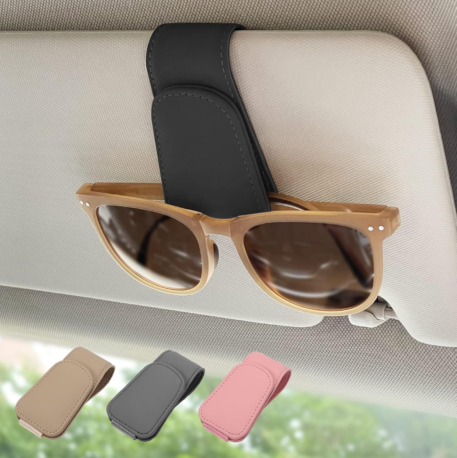 Magnetic Leather Sunglass Holder, Eyeglass Hanger Clip for Car Sun Visor, Suitab...