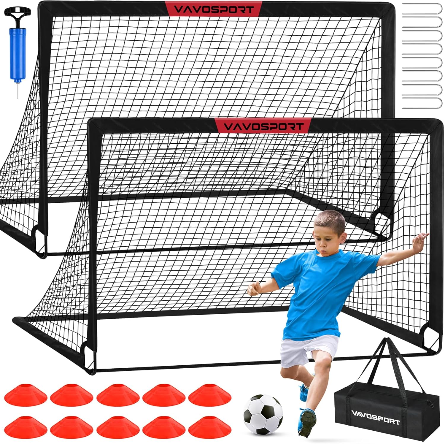 Kids Soccer Goals for Backyard Set - 2 of 6x4 ft Portable Soccer Goal Training E...