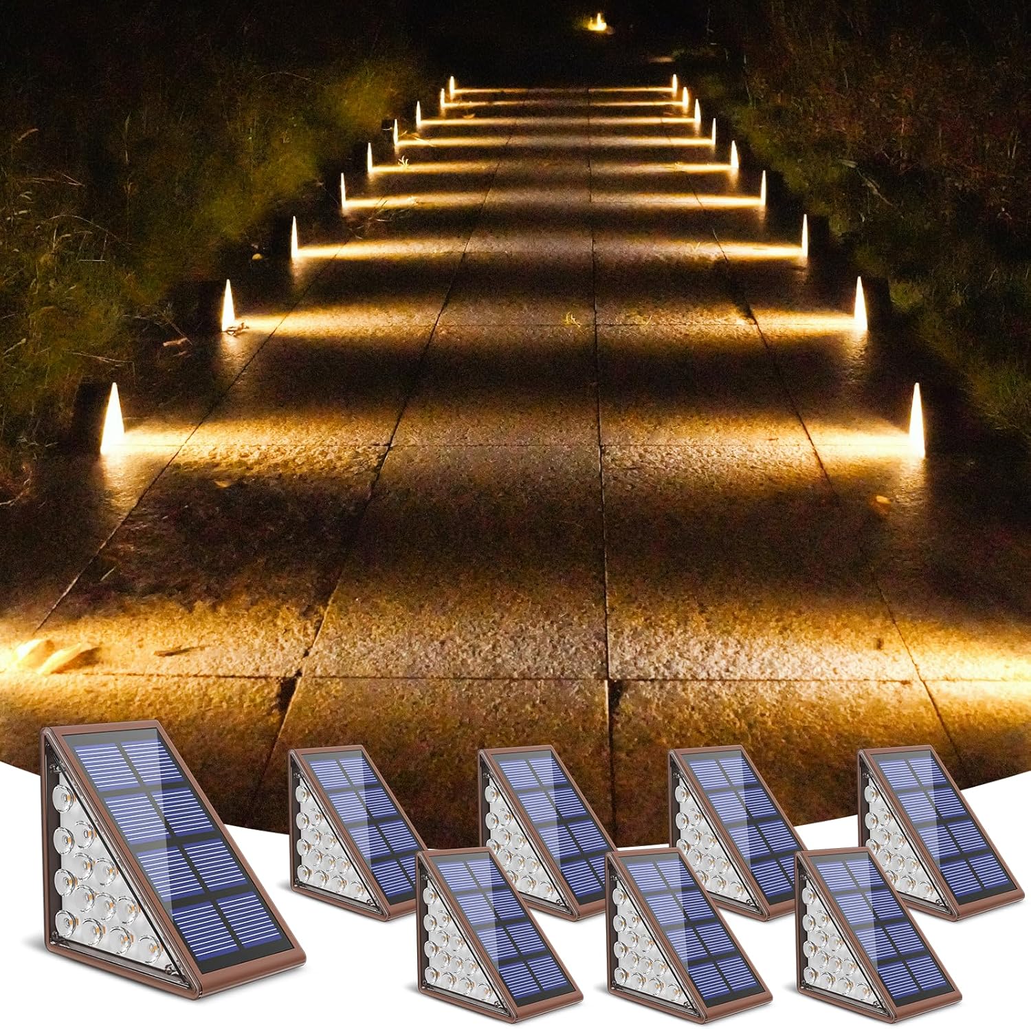 NIORSUN Solar Deck Step Lights,8 Pack Warm White Solar Step Lights for Outside W...