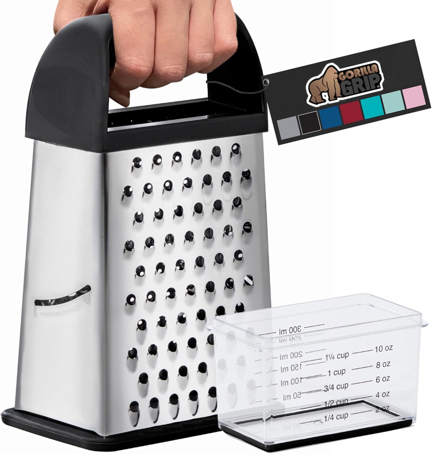 GORILLA GRIP XL 4-Sided Cheese Grater With Container, 100% BPA-Free Stainless St...