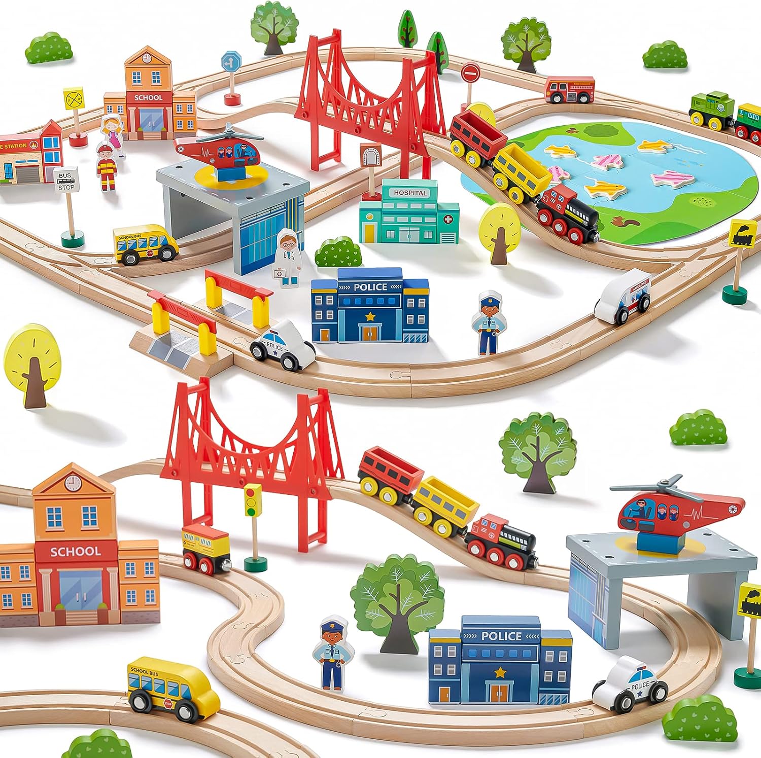 Tiny Land Train Set 110pcs Wooden Train Set, Toy Train for Boys & Girls with Woo...