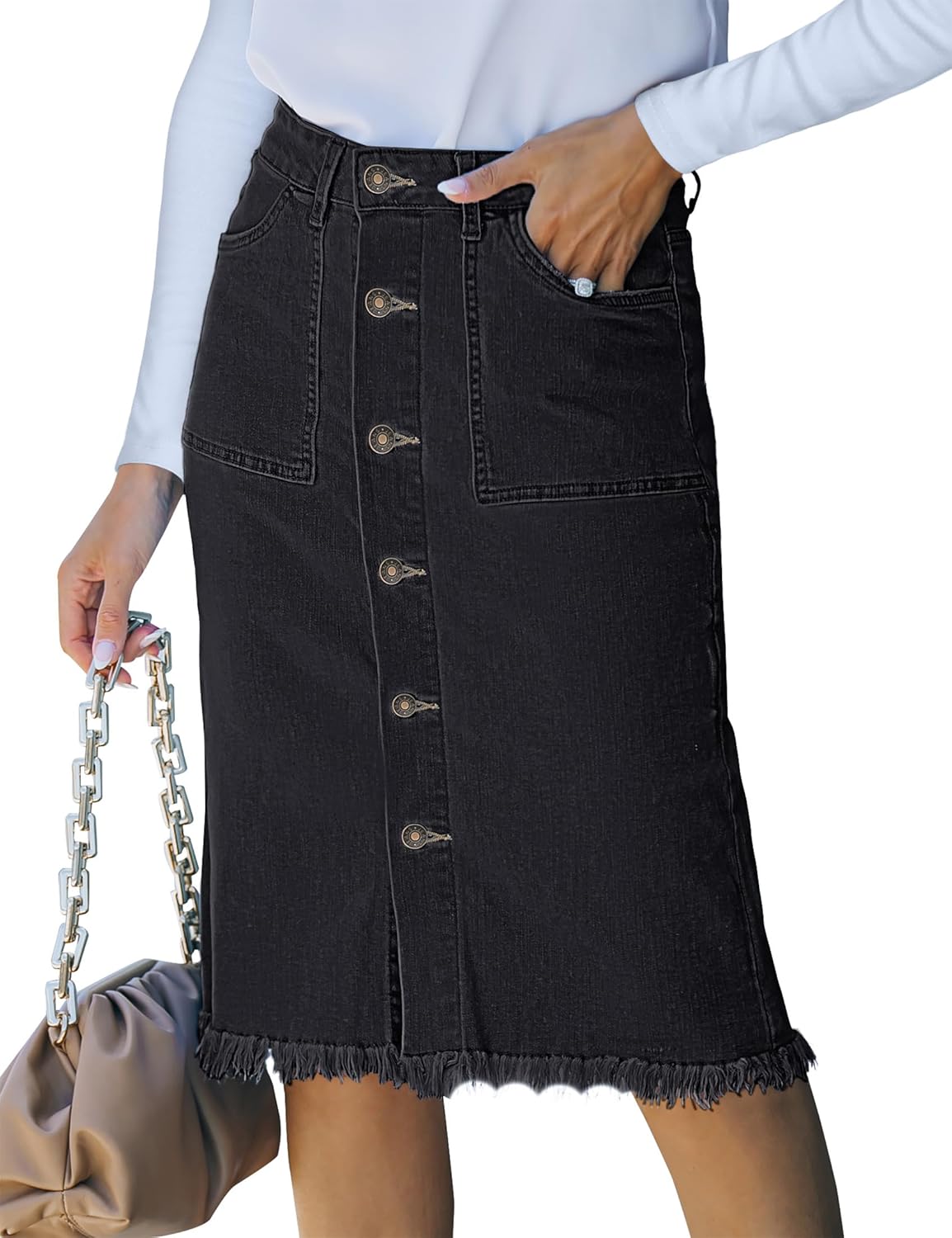 luvamia Women's Casual Mid Rise Button Down Frayed Raw Hem Denim Jean Midi Skirt...