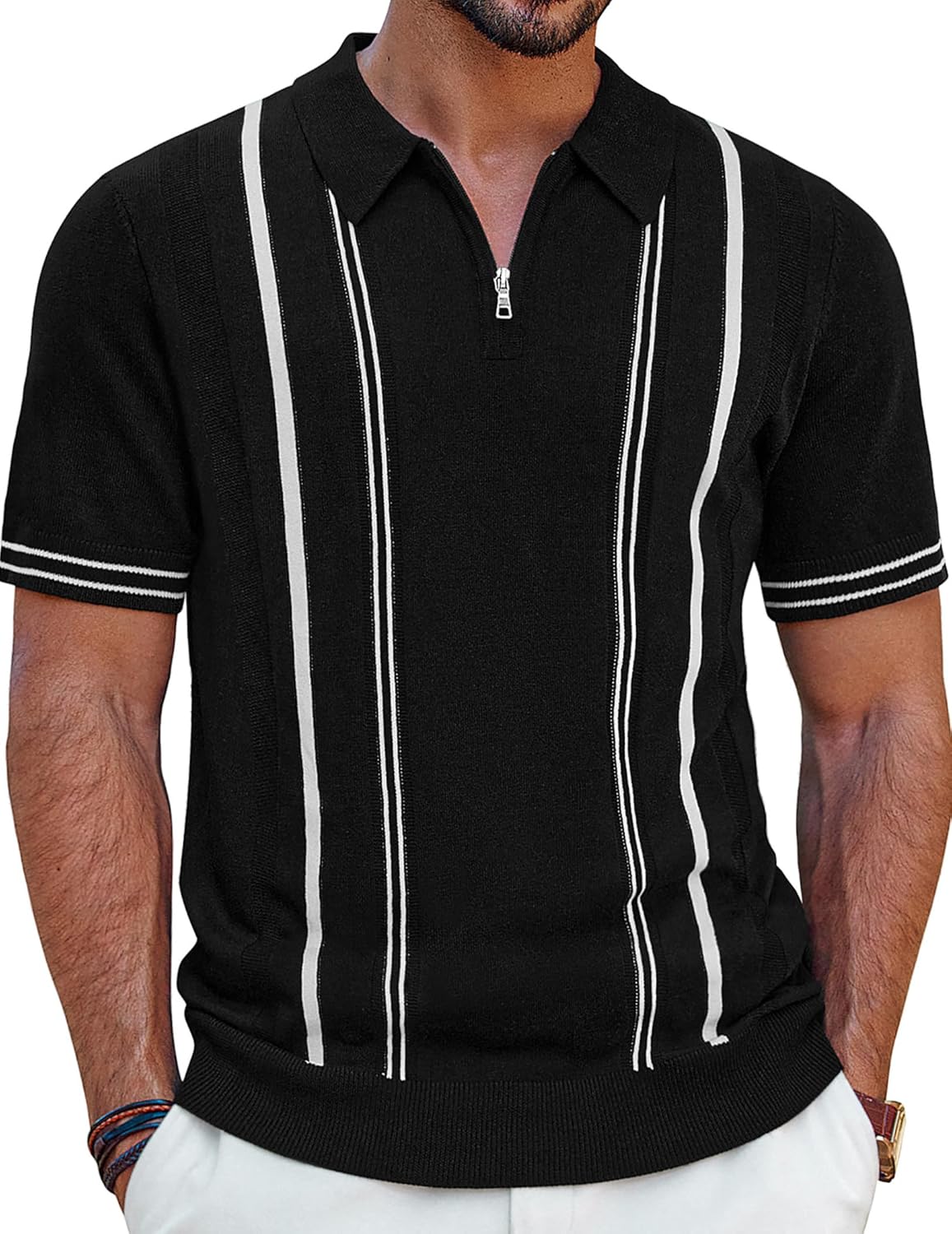 PJ PAUL JONES Men's Quarter Zipper Knit Polo Shirts Striped Vintage Short Sleeve...