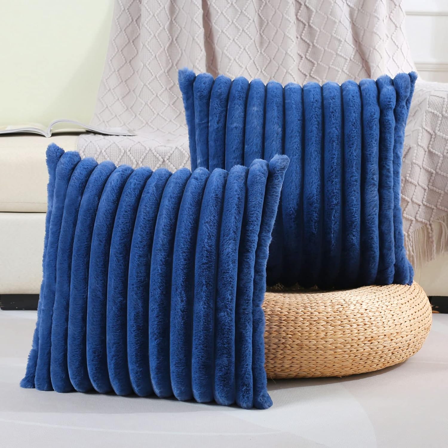 FUTEI Navy Blue Striped Decorative Throw Pillow Covers 24x24 Inch Set of 2,Squar...