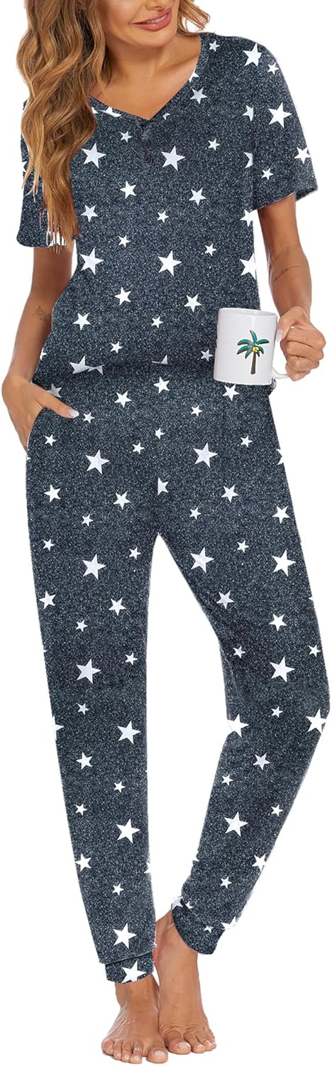 Ekouaer Pajamas Set Womens 2 Piece Lounge Set Short Sleeve Pjs Joggers Pants Sle...