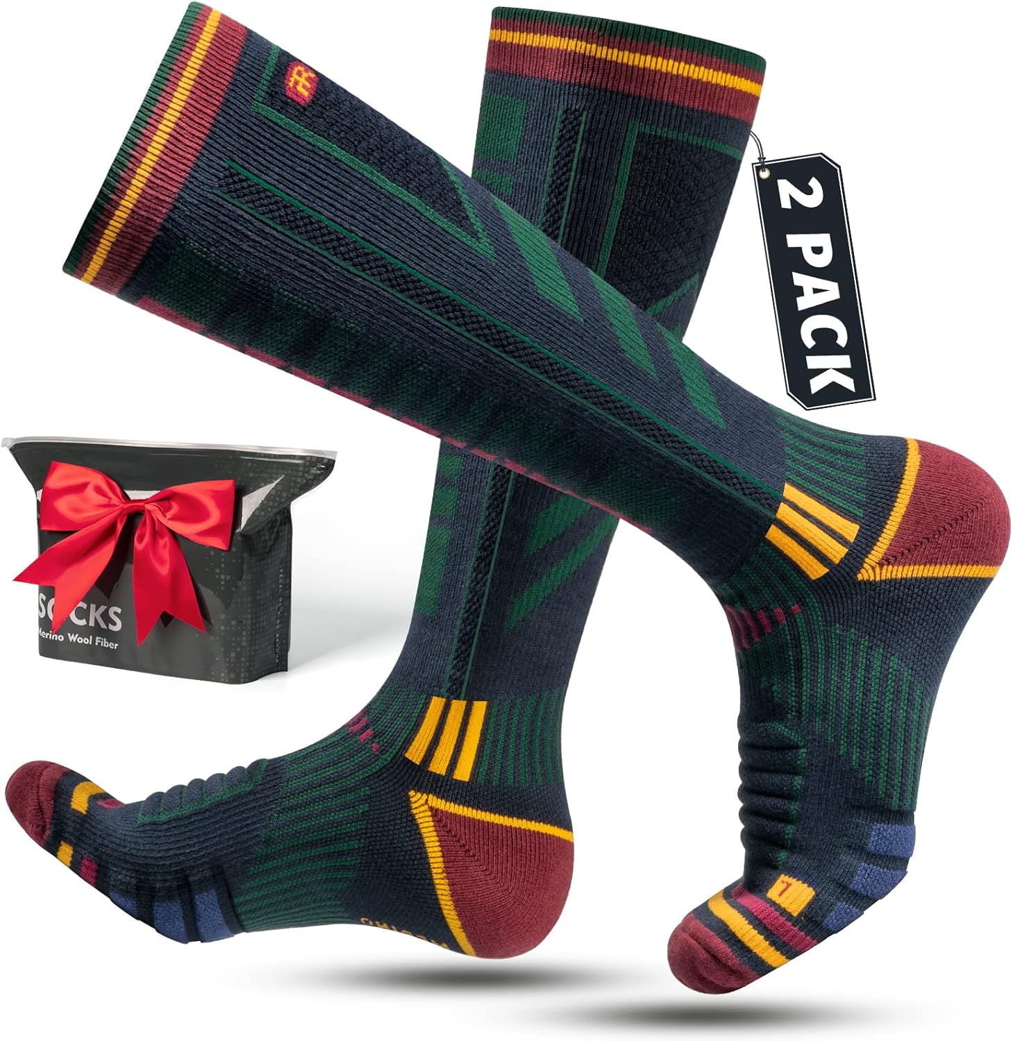 Rahhint 2 Pairs Merino Wool Ski Socks for Men,Compression Snowboard Socks,Knee H...