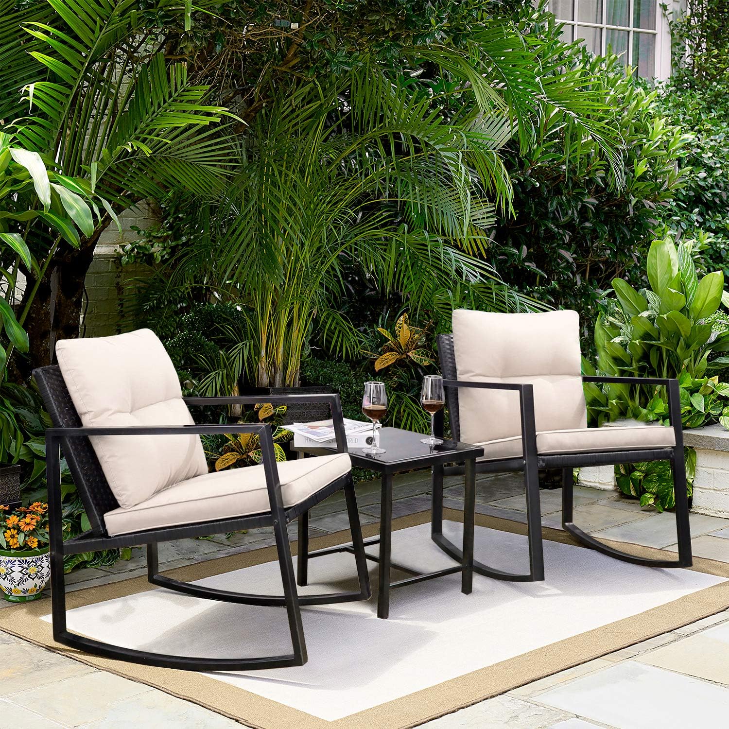 Greesum 3 Pieces Rocking Wicker Bistro Set, Patio...