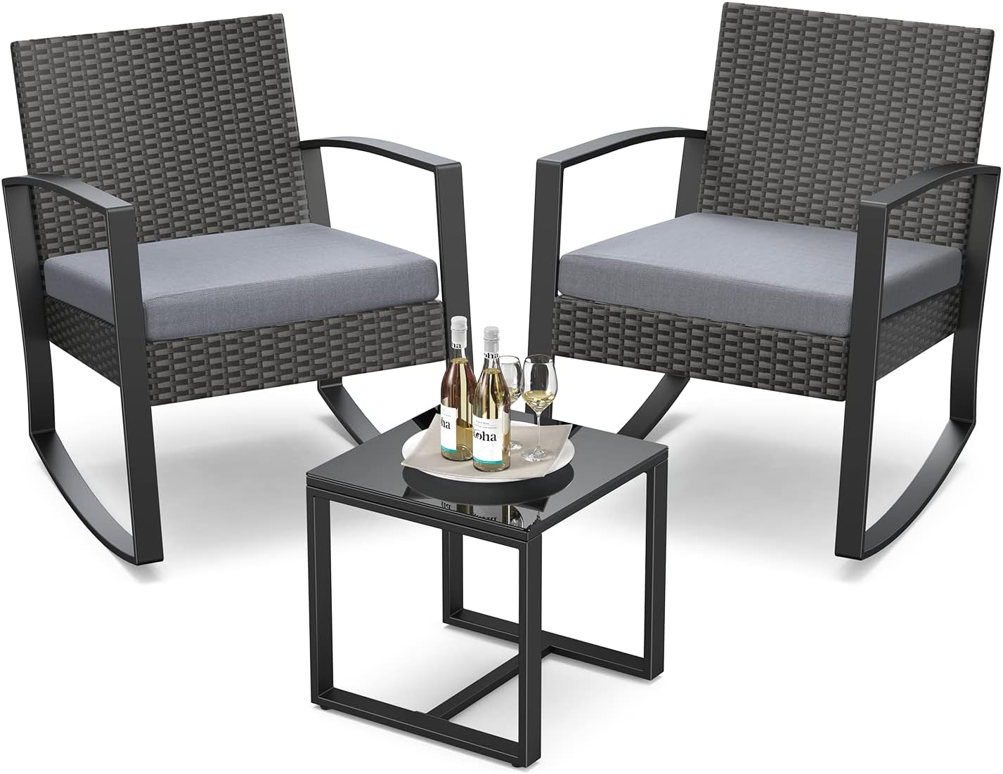 3 Pieces Patio Furniture Set Rocking Bistro Set Outdoor Rattan Conversation with...