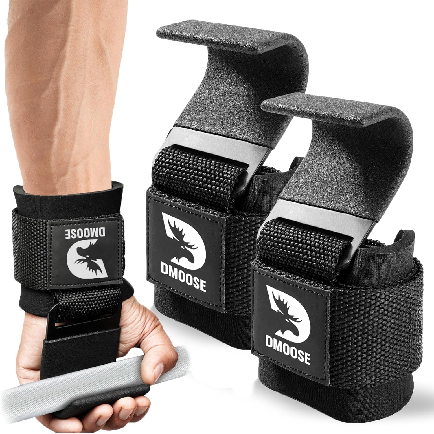 DMoose Fitness Weight Lifting Hooks for Men & Women (Pair) - 8 mm Thick Wrist Pa...