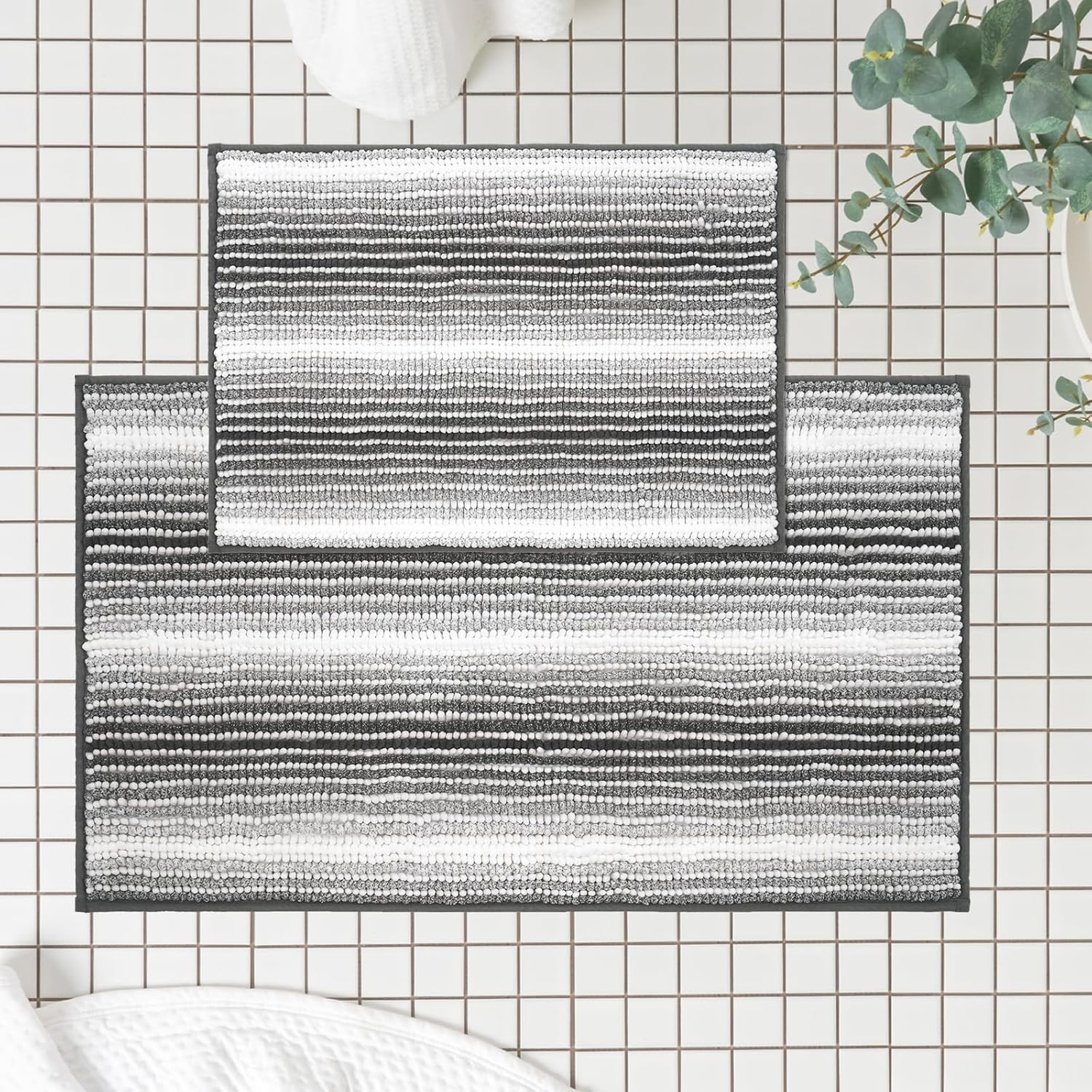 FRESHMINT Ombre Chenille Bathroom Rugs Set 2 Piece 17"x24"+20"x32", Striped Soft...