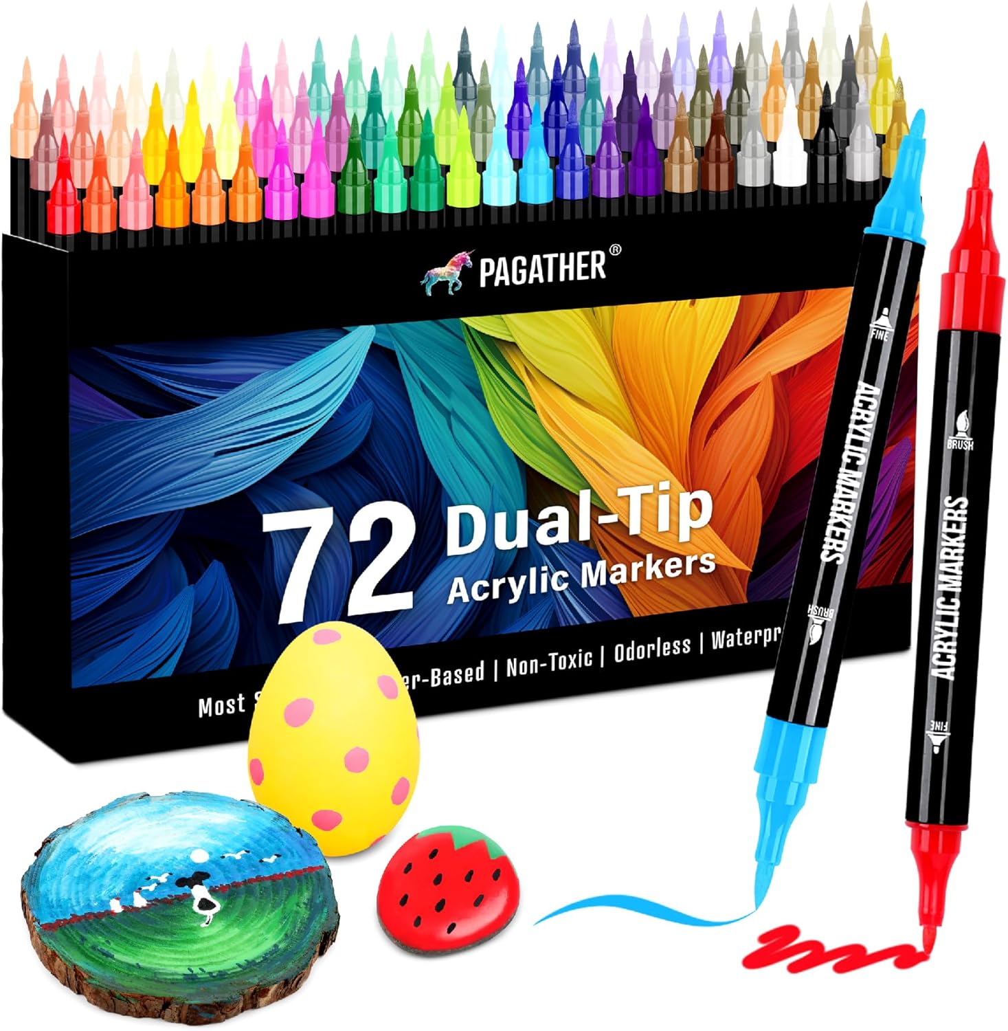 72 Colors Acrylic Paint Markers, Dual Tip with Fine Tip and Brush Tip Pens for S...