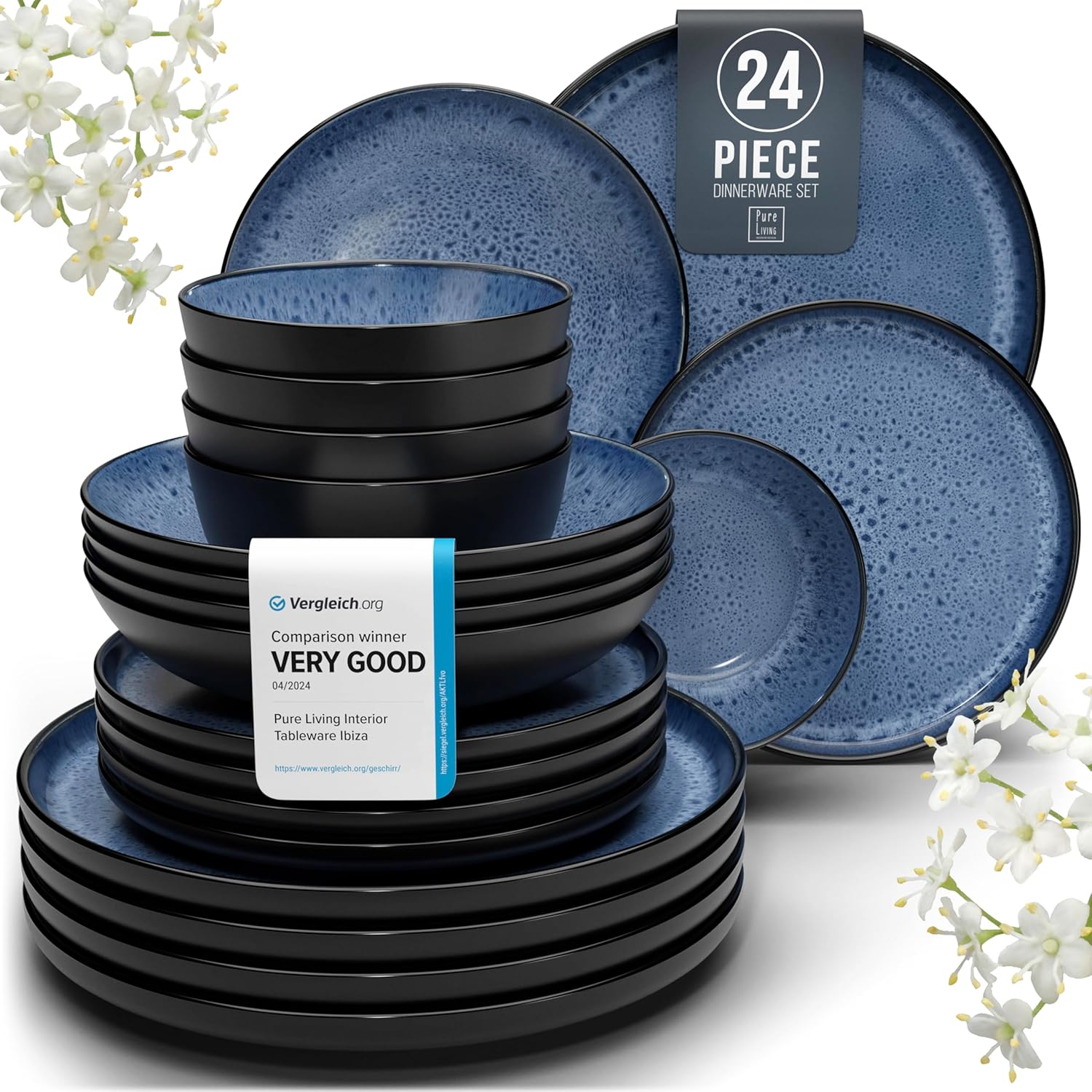 24 Piece Dinner Sets for 6 People - Beautiful Mediterranean Style Stoneware Dinn...