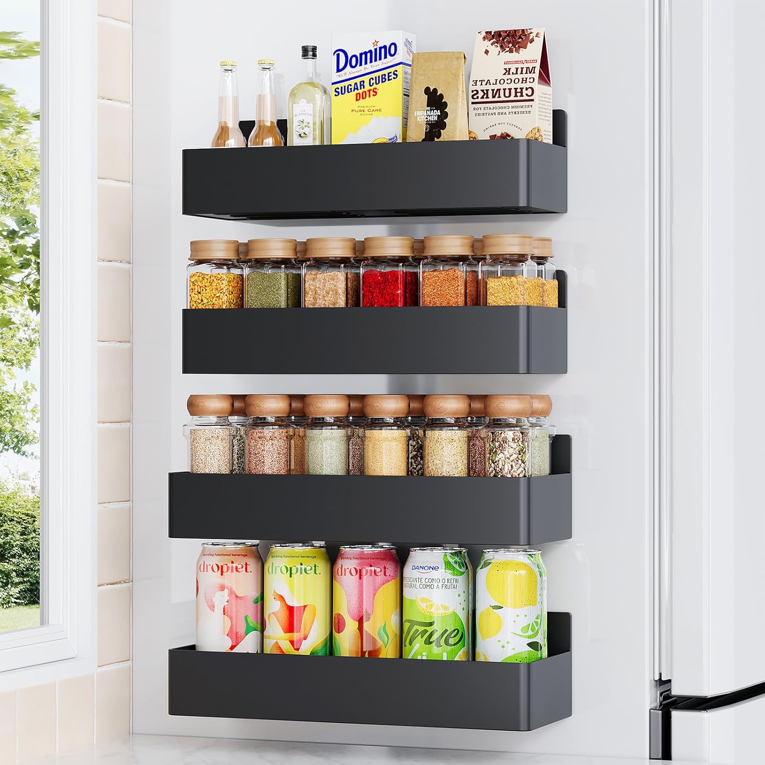 Magnetic Spice Rack for Refrigerator, Kitchen Organizer and Storage Shelf, Black...