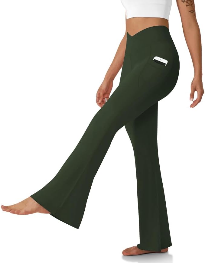 Women's Flare Leggings with Pockets-Crossover High Waisted Bootcut Yoga Pants-Tu...