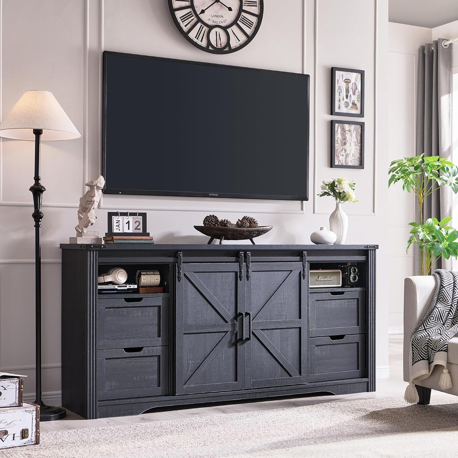 JXQTLINGMU Farmhouse TV Stand for 75+ Inch TV, 32" Tall Entertainment Center w/4...