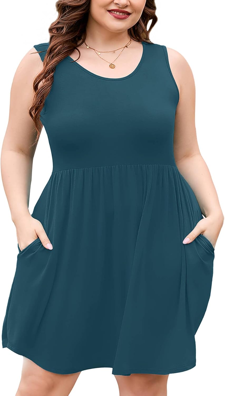 AusLook Plus Size Summer Tank Dress for Women Casual Sleeveless Crewneck Pleated...