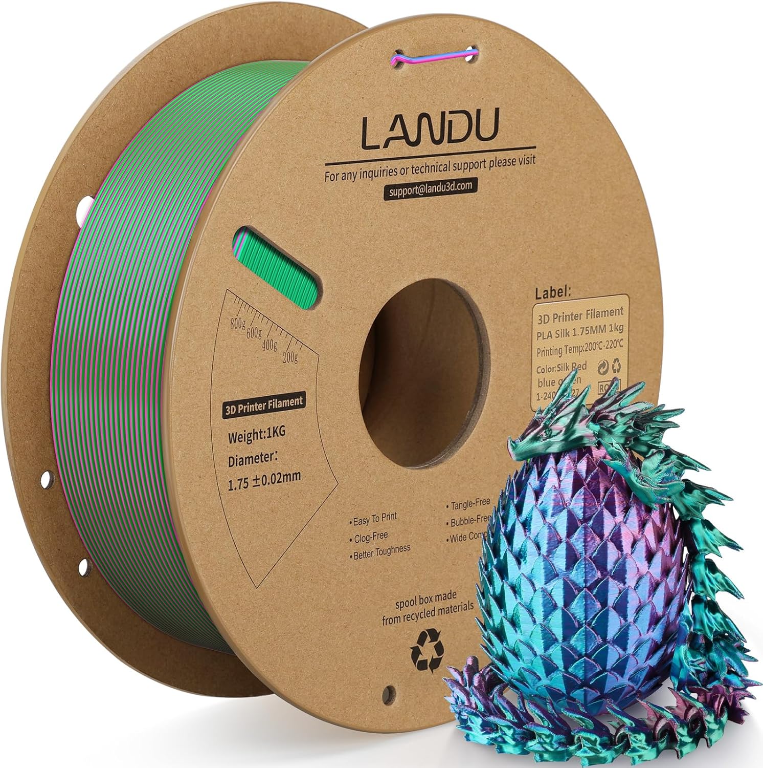 LANDU Silk Tri-Color PLA Filament 1.75mm 1Kg, Triple Color Silk PLA Filament, Si...