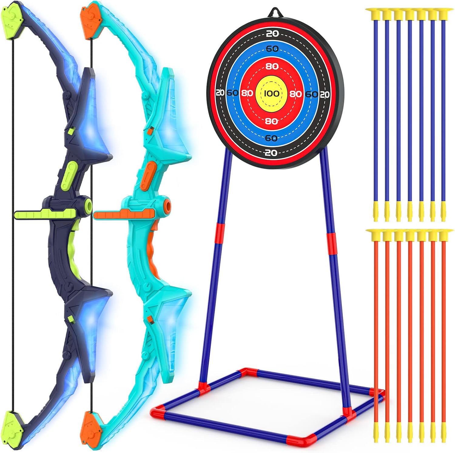 2 Pack Bow and Arrow Set for Kids, Light Up Archery Set with 14 Suction Cup Arro...
