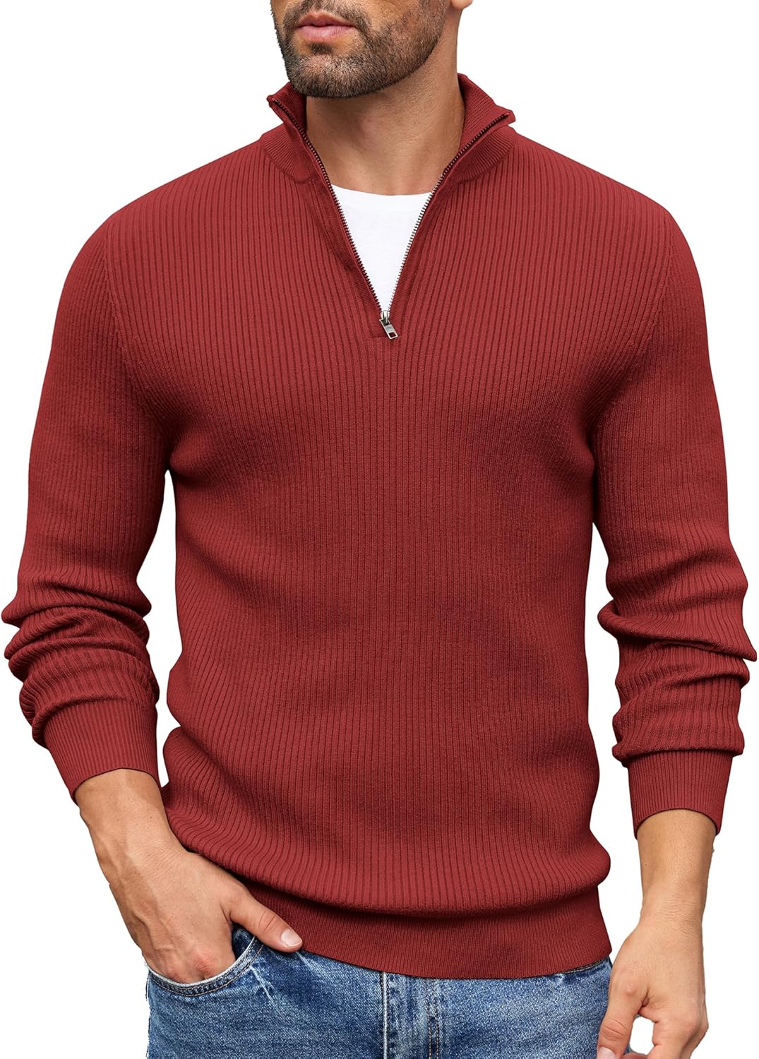 COOFANDY Mens Quarter Zip Jumper Knitted Turtleneck Sweater Long Sleeved Mock Ne...