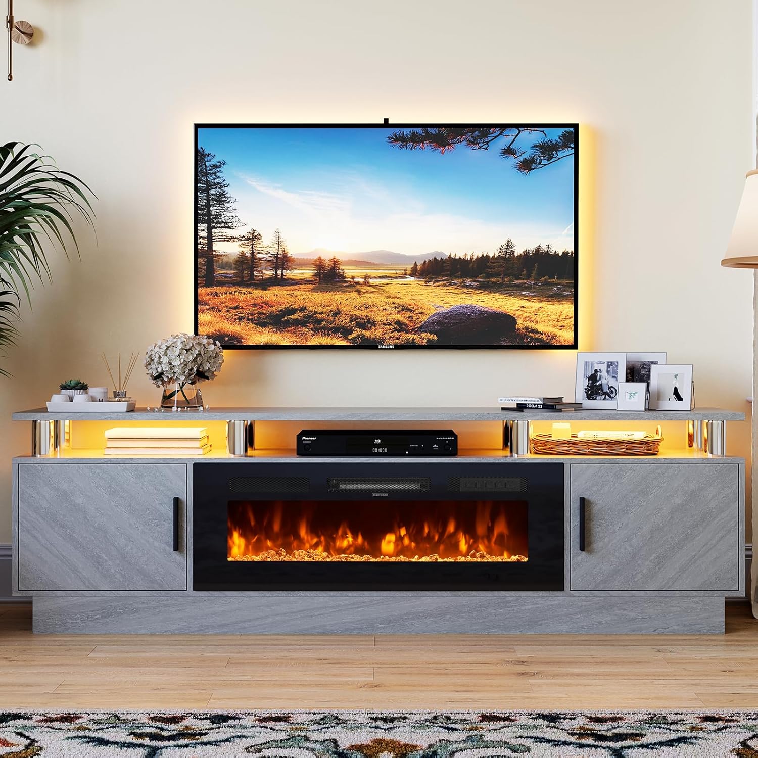 oneinmil 36" Electric Fireplace Integrated TV Stand - 70" 2-Tier Console for TVs...