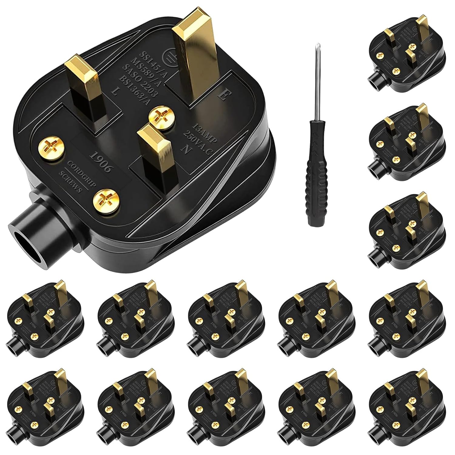UK Plugs with 13 AMP Fused, 3 pin Mains Plug with Cord Grip Rewireable Heavy Dut...