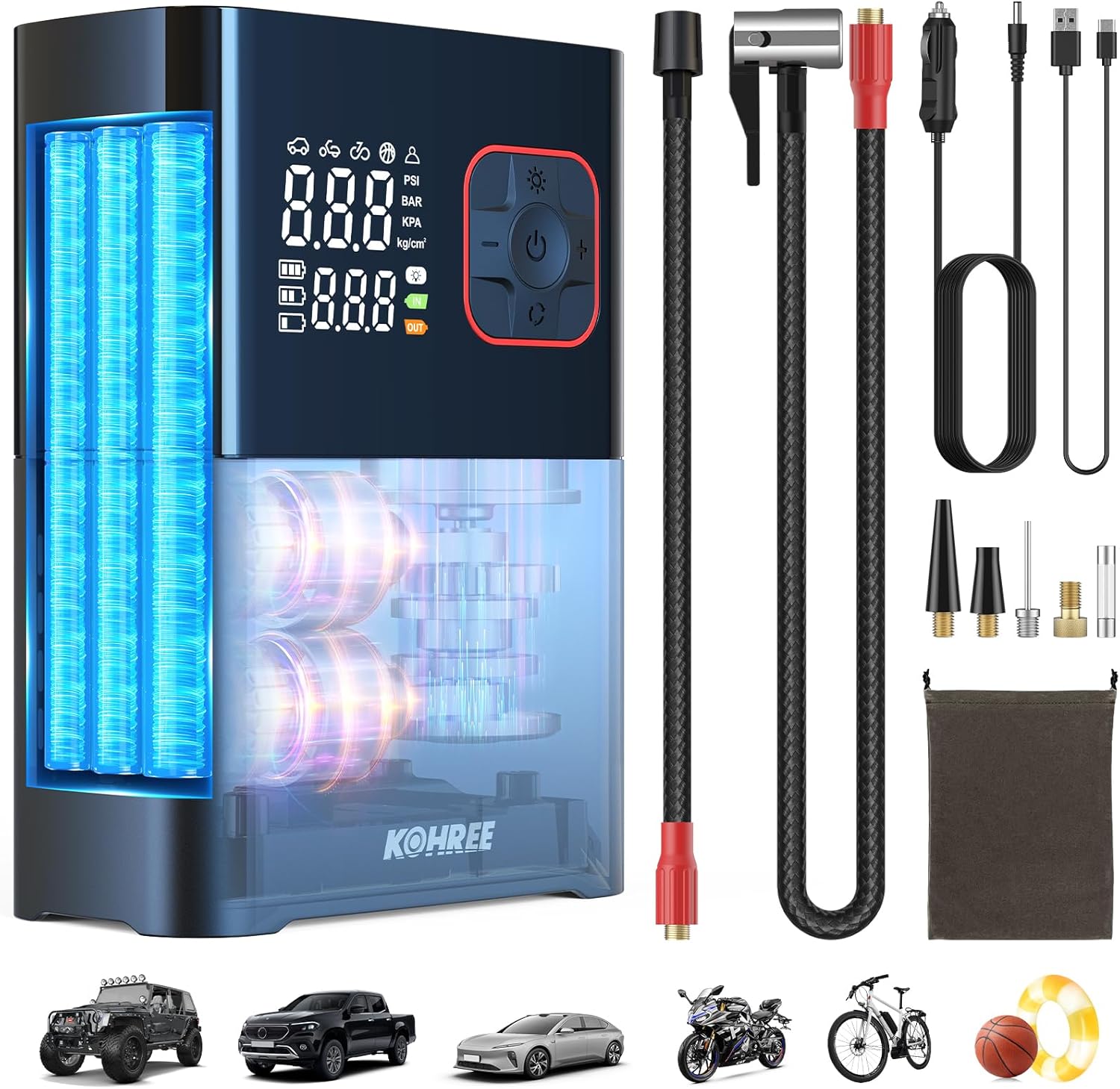 Kohree Tire Inflator Portable Air Compressor, 4X Faster Dual Cylinder Air Pump f...