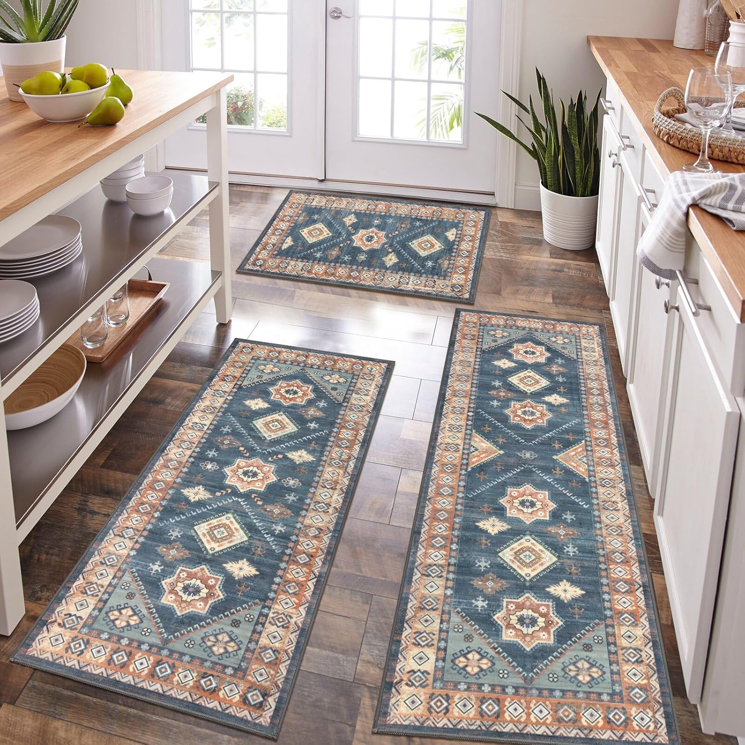 HEBE Boho Kitchen Rug Sets 3 Piece with Runner Non Slip Kitchen Rugs and Mats Wa...