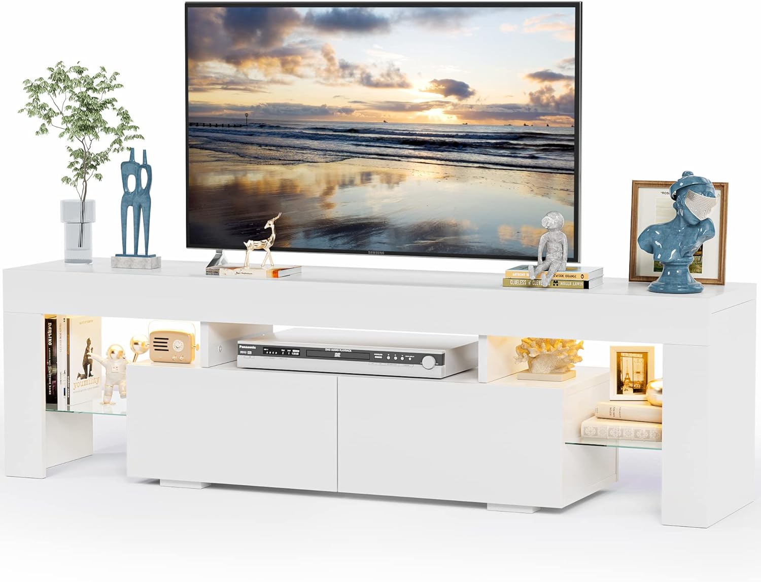 JUMMICO TV Stand, Modern Lighting TV Cabinet Entertainment Center Media and Open...