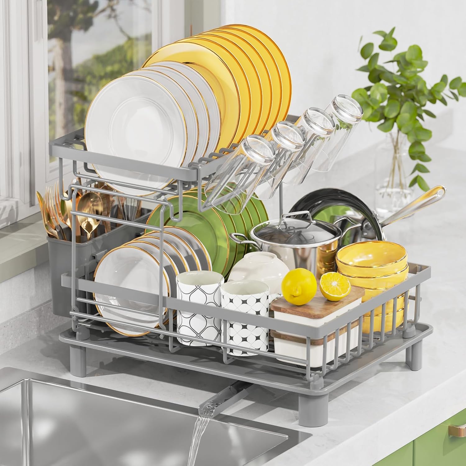 LIONONLY 2 Tier Dish Drainer Rack with Drip Tray, Detachable Large Dish drying R...