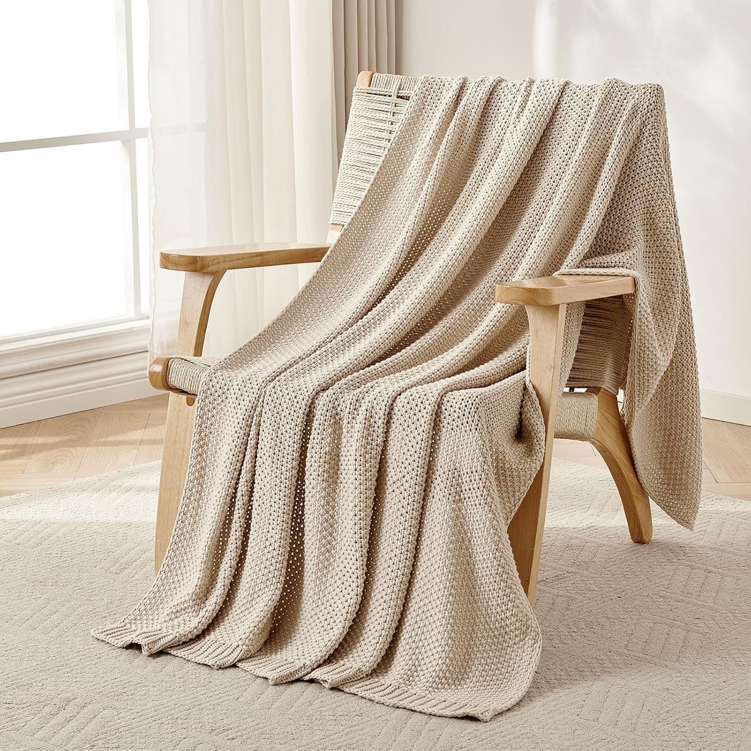 Joydeco Chunky Cable Knit Throw Blanket, Lightweight 100% Organic Cotton Soft Co...
